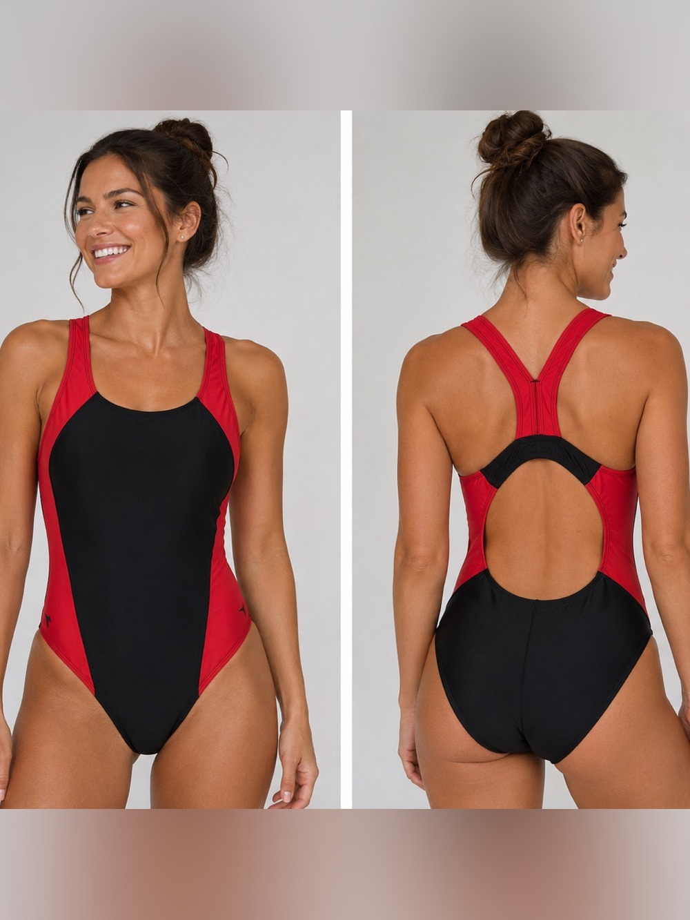 Diadora Red & Black Athletic One-Piece Swimsuit Open Back Size 38 (Medium)